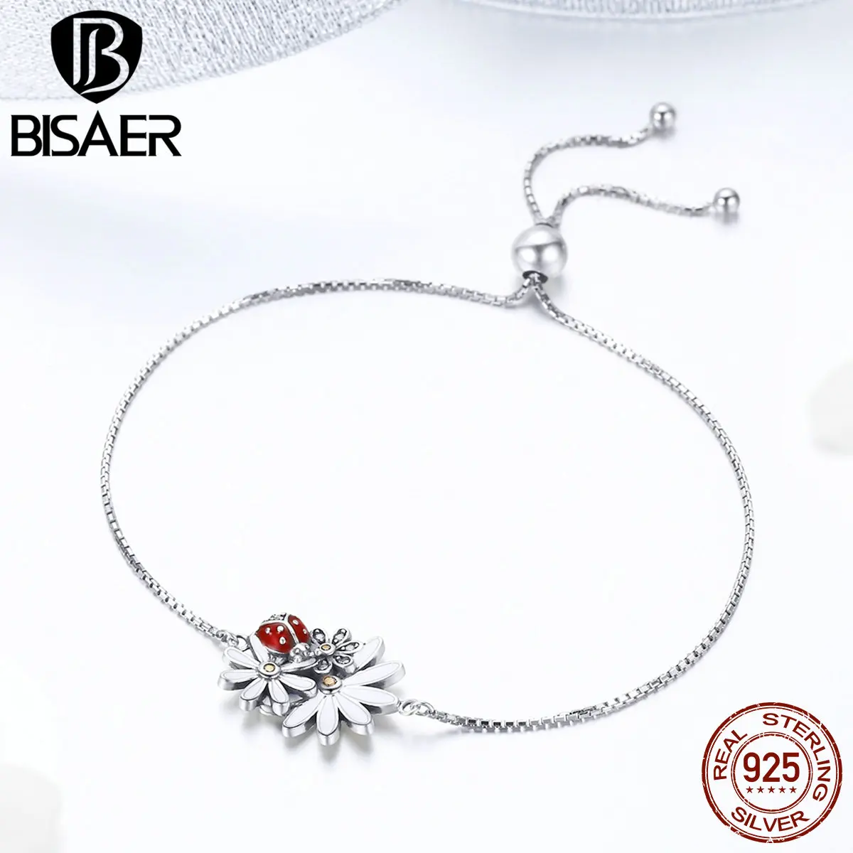 BISAER, 925 пробы, серебро, божья коровка, цветок ромашки, цепочка, женские браслеты, браслеты для женщин, Pulseira, серебро 925, ювелирное изделие ECB101