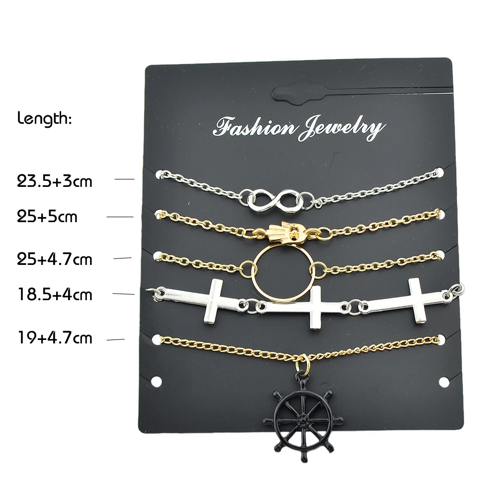 Kayshine 5 Pcs/Set Gold-Color Silver Color Link Chain Hand Cross Number Eight Rudder Circle Shape Charm Bracelet For Women | Украшения и