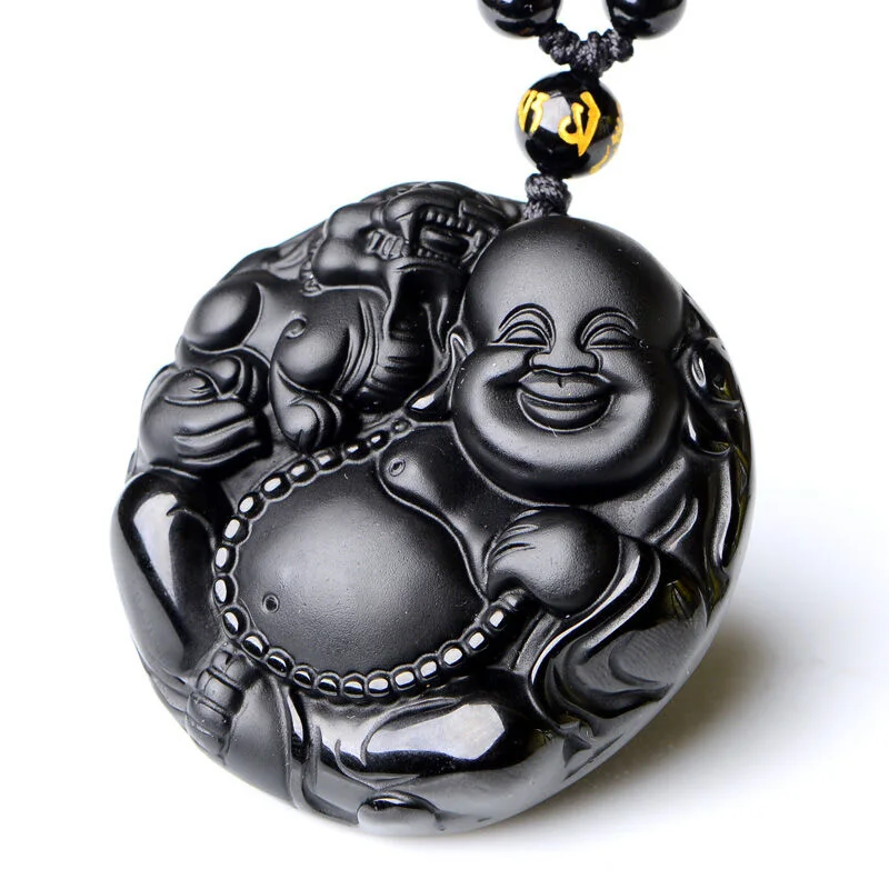 О натуральный черный камень Улыбающийся Будда кулон ожерелье|buddha pendant|necklace stone