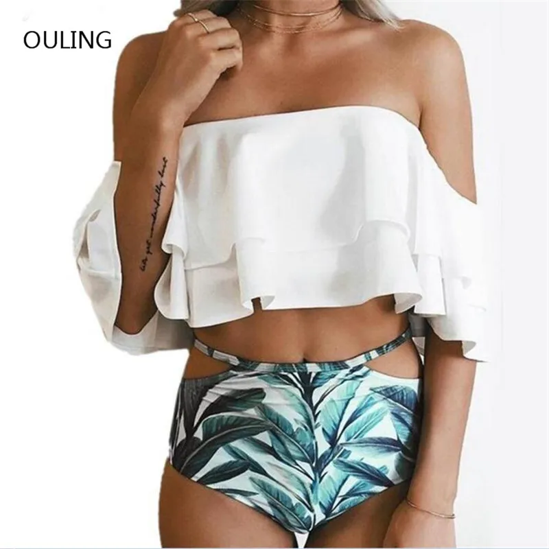 

OULING strapless ruffle bikini high waisted swimwear off shoulder biquini plus size bathing suit floral brazilian women bodysuit