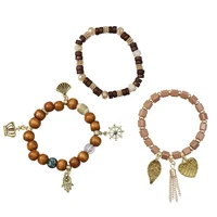 3pcsset new stone wood beaded bracelets with heart leaf pendant bohemian gypsy bracelet bangles for women men jewelry