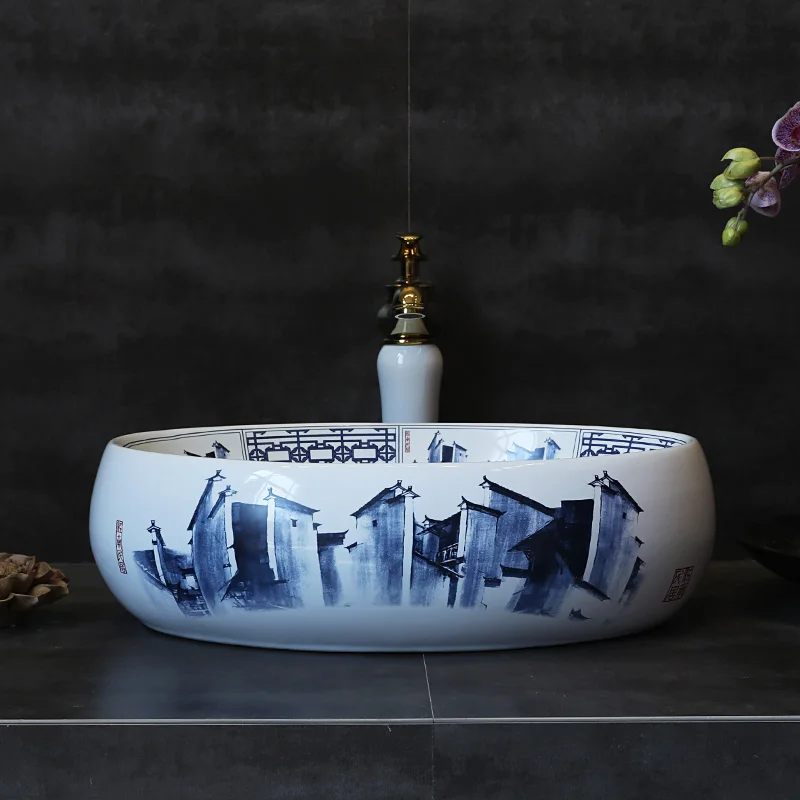 Сине белая фарфоровая настольная раковина Jingdezhen Новая китайская керамическая в