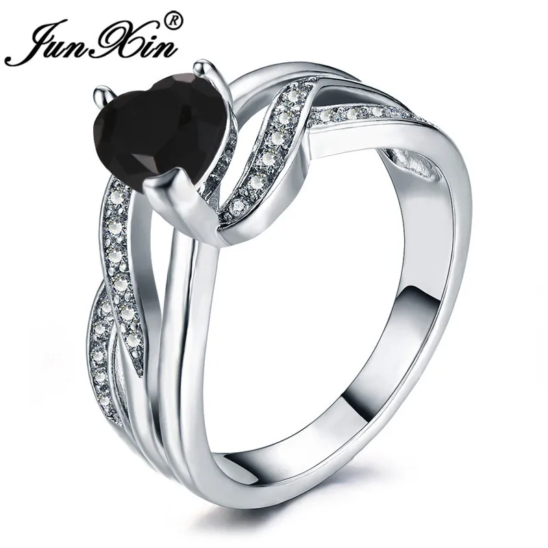Black Ring JUNXIN мода OL женское кольцо розовый/красный/фиолетовый сердце кольцо 925 пробы Серебро Заполненный черный циркон обручальные кольца подарки на день рождения - Цвет основного камня: Black Ring