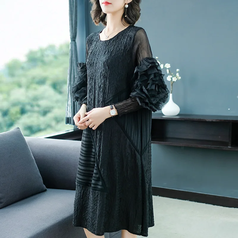 

Women Solid Color Ruffled Dress Embroidery Fashion Elegant Knee-length A-line Dress Lady Stitching Casual Loose Dress XL-01