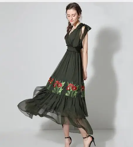 Лето 2017 г. женские Высокое качество темно зеленый Роскошные платья дамы оборками