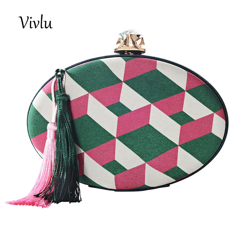 New Women Satin Clutch Bag Crystal Geometry Oval Hard Case Day Clutches Ladies Evening Bag Women Shoulder Handbag Bolsas BG-056 - Цвет: green