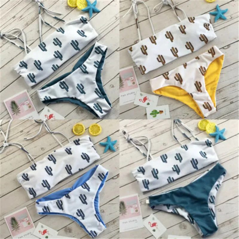 

Women Swimwear Bathing Push-up Padded Bra Bikini Set Cactus Printed Triangle Beachwear Sexy Split Two Pieces Vintage Swimsuit