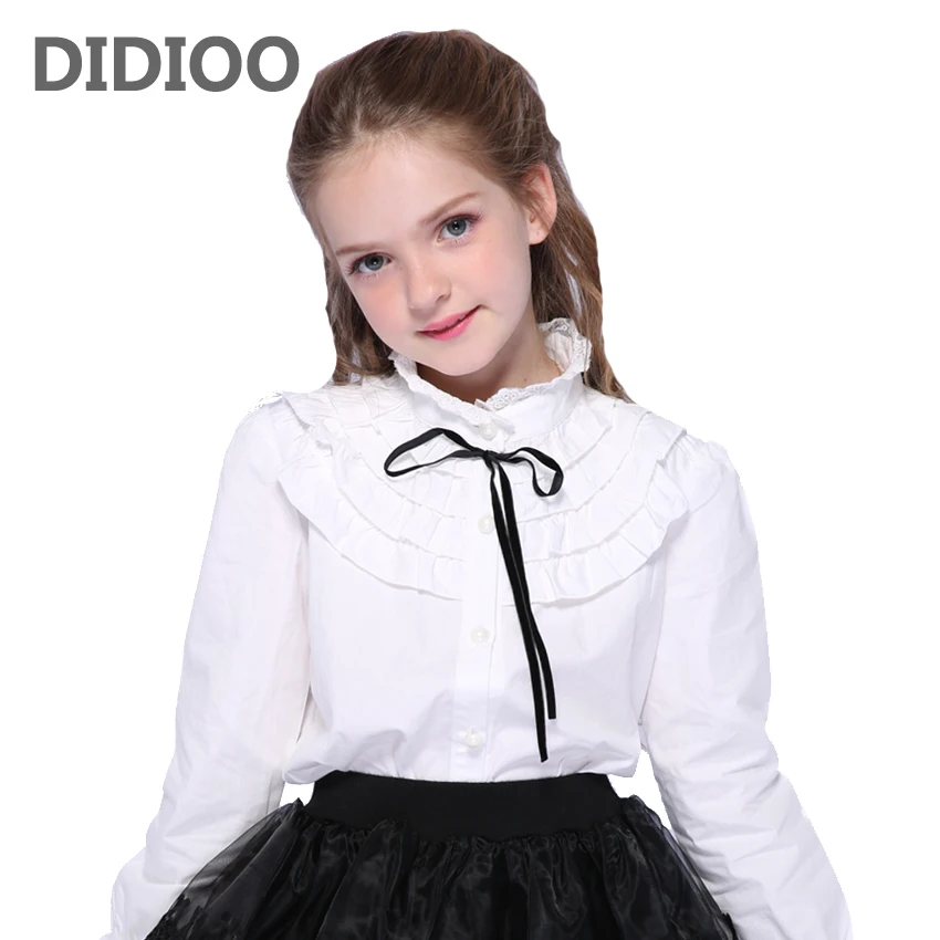 

School White Blouses For Girls Toddlers Long Sleeve Lace Collar Shirts Girls Bottoming Shirts Autumn Cotton Students Uniforms