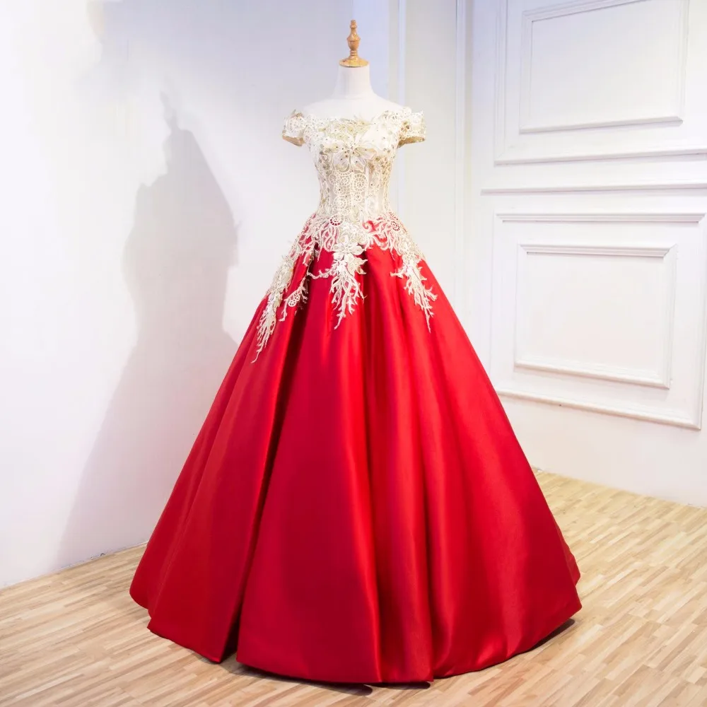 Красное золото Аппликации вечернее формальное платье Бальные платья vestido de noiva женские Пол Длина с открытыми плечами, вечернее платье для вечеринки, официального приема