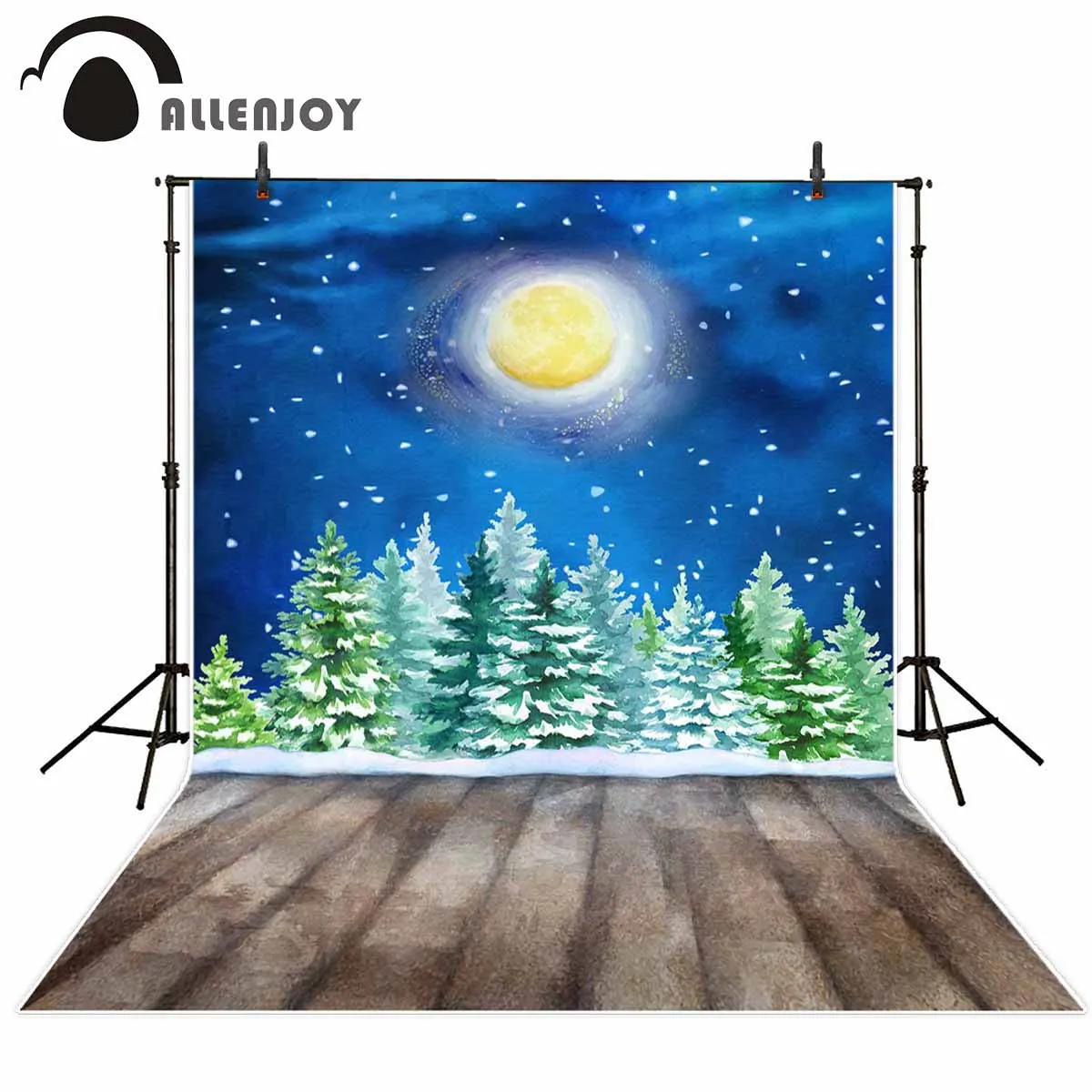 Фон для фотосъемки Allenjoy акварель Рождественская елка Зимний лес луна снег фон