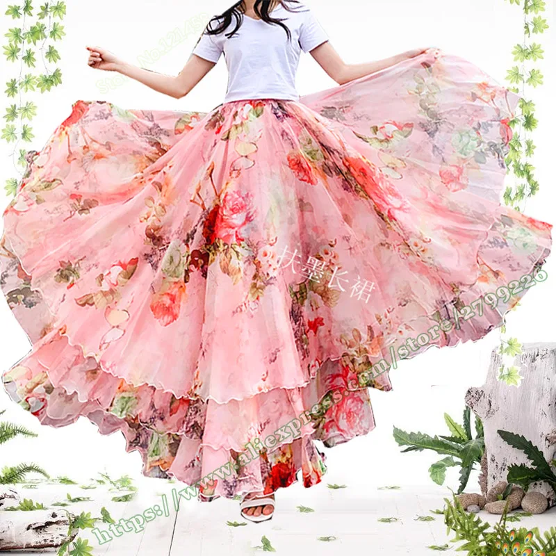 

2020 Spring Summer Large Plus Size 7XL 8XL 6XL Bohemia Fashion Holiday Pink Floral Flower Chiffon Female Skirt Designs Women