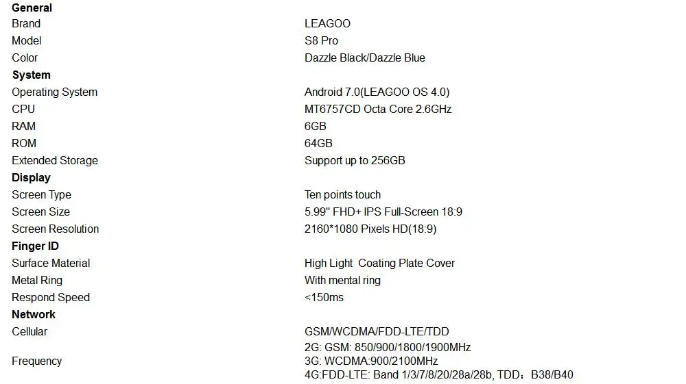 LEAGOO S8 Pro, 4G, мобильные телефоны, Android 7,0, 6 ГБ ОЗУ, 64 Гб ПЗУ, восьмиядерный смартфон, две задние камеры, 5,99 дюймов, сотовый телефон