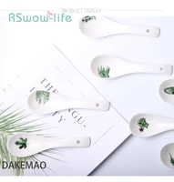 nordic ceramic spoon creative green plant small spoon white ceramic home hotel tableware home kitchen supplies