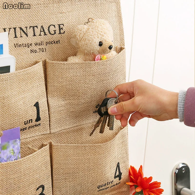 NOOLIM Practical 5 Pockets Wall Hanging Storage Bags Organizer Jute Naturally Letters organizer Cosmetic Sundries storage bag | Дом и сад