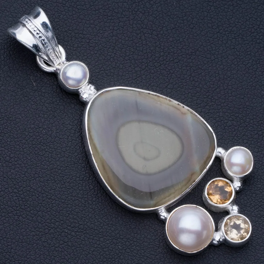 

Natural Imperial Jasper,River Pearl and Citrine Punk Style 925 Sterling Silver Pendant 2 1/2" P0778