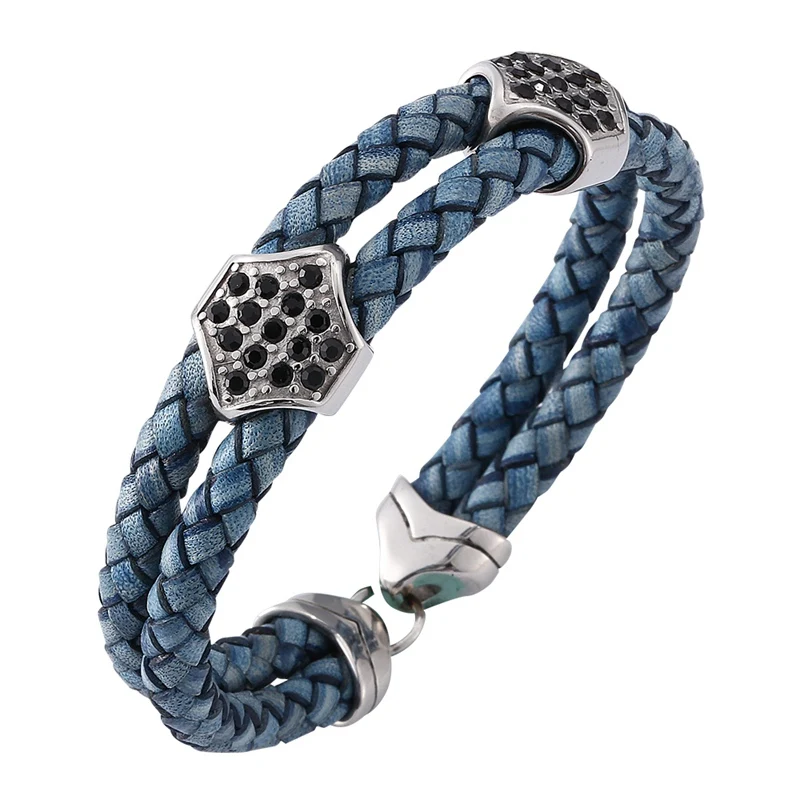 Модный синий браслет из натуральной кожи браслеты для мужчин модные циркониевые
