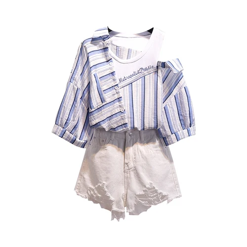 Корейский стиль Женский комплект 2 шт. с короткими рукавами круглым вырезом