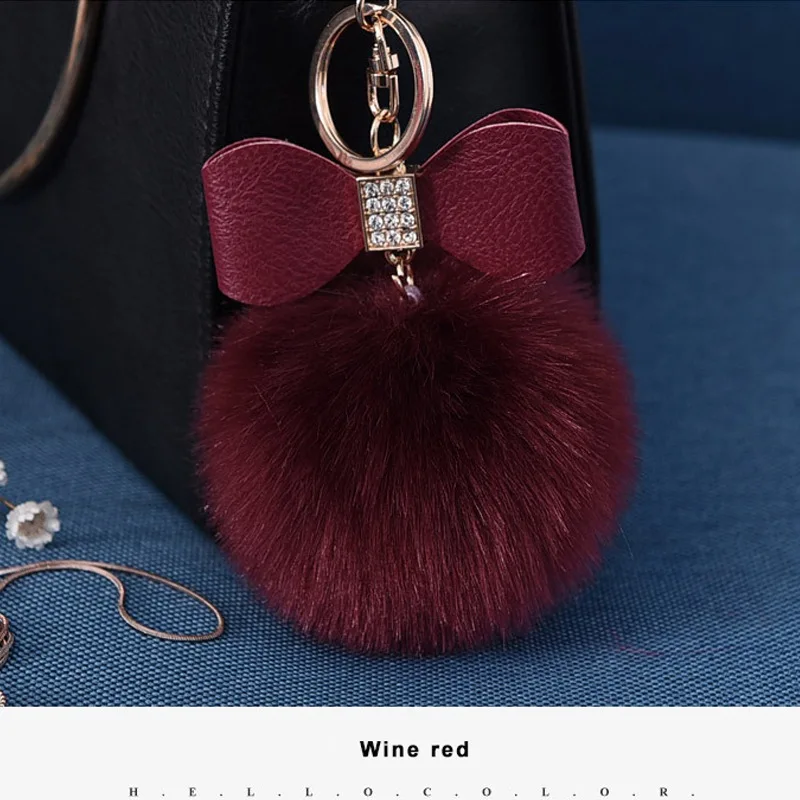 Wine red Высокое качество пушистый искусственный кролик Мех животных помпонами брелок кристалл кожи лук-узел Для женщин брелок кольцо Держатель Сумочка автомобиль кулон - Цвет: Wine red