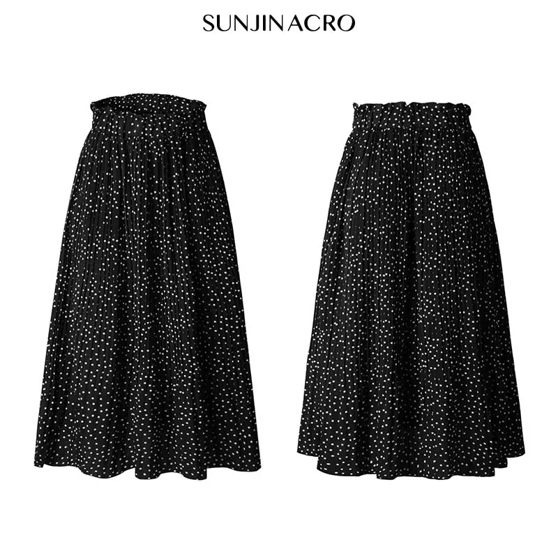 SUNJINACRO, Женская плиссированная юбка, высокое качество, юбка средней длины в горошек, с карманами, желтая, зеленая, юбки для девочек на лето и осень