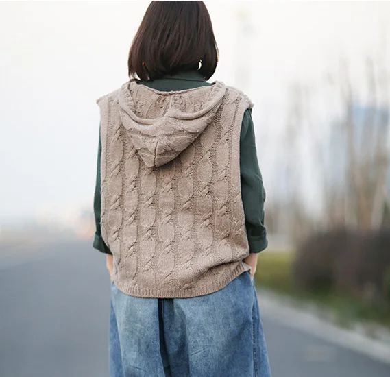 Spring vest Women Retro Large size Loose Pullovers Knitting Tops Hooded Button pocket Casual 2019 Ladies Mori girl | Женская одежда