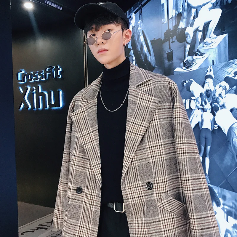 2018 Spring And Autumn Men's New Plaid In The Long Woolen Coat Fashion Youth Casual Loose Trend Personality Temperament Wild | Мужская