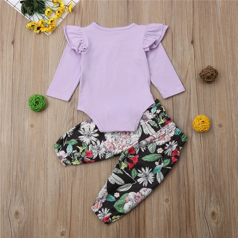 Autumn/Winter Baby Girls Elegant Clothes Set Ruffle Purple Tops Romper Jumpsuit+Flower Bow Pants Toddler Girl Outfit |