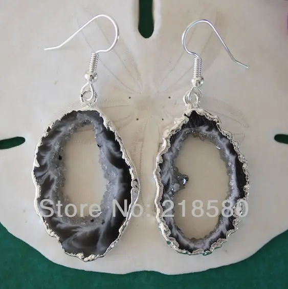 H QE04 5 парт/Лот черные серьги с серебряным покрытием|earrings geodes|geode slice earringsdruzy agate