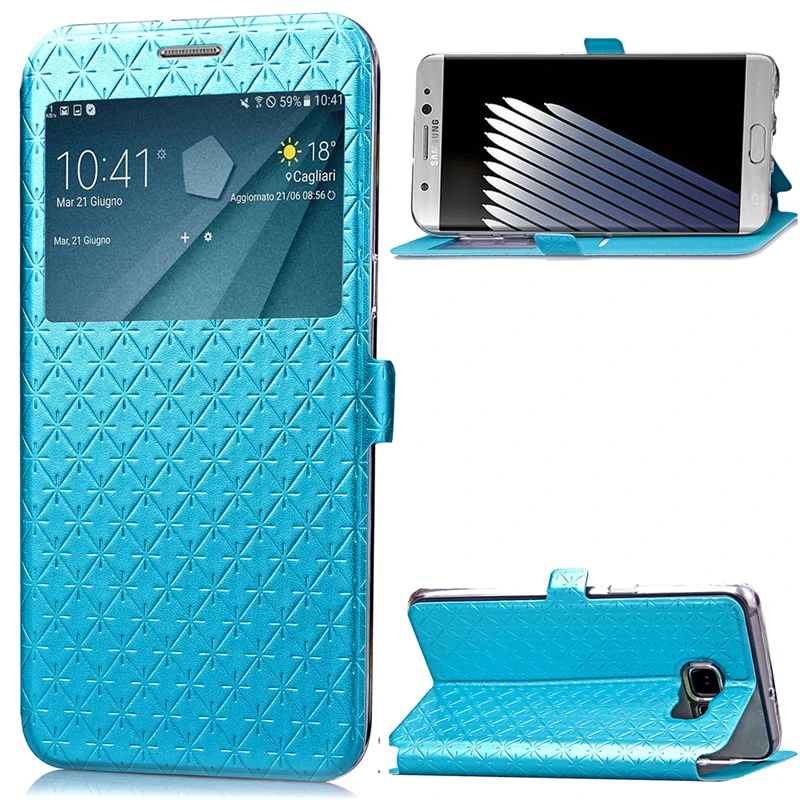 Slim Grid Texture PU Leather Cases Bling Glitter Window View Wallet Card Flip Case Stand Cover For Samsung Galaxy S7 Edge Note 7 |