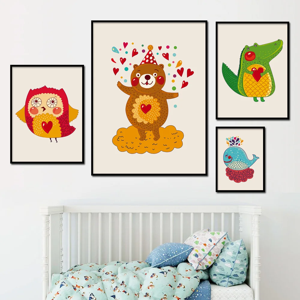 

Cartoon Crocodile Whale Bird Bear Nordic Posters and Prints Wall Art Canvas Painting Nursery Wall Pictures Baby Kids Room Decor