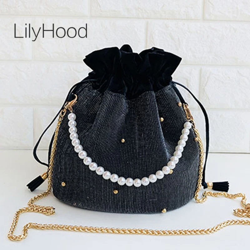 LilyHood Леди вечерняя сумка женская ткань жемчужная ручка корейский стиль милый женский блеск шнурок сумка через плечо