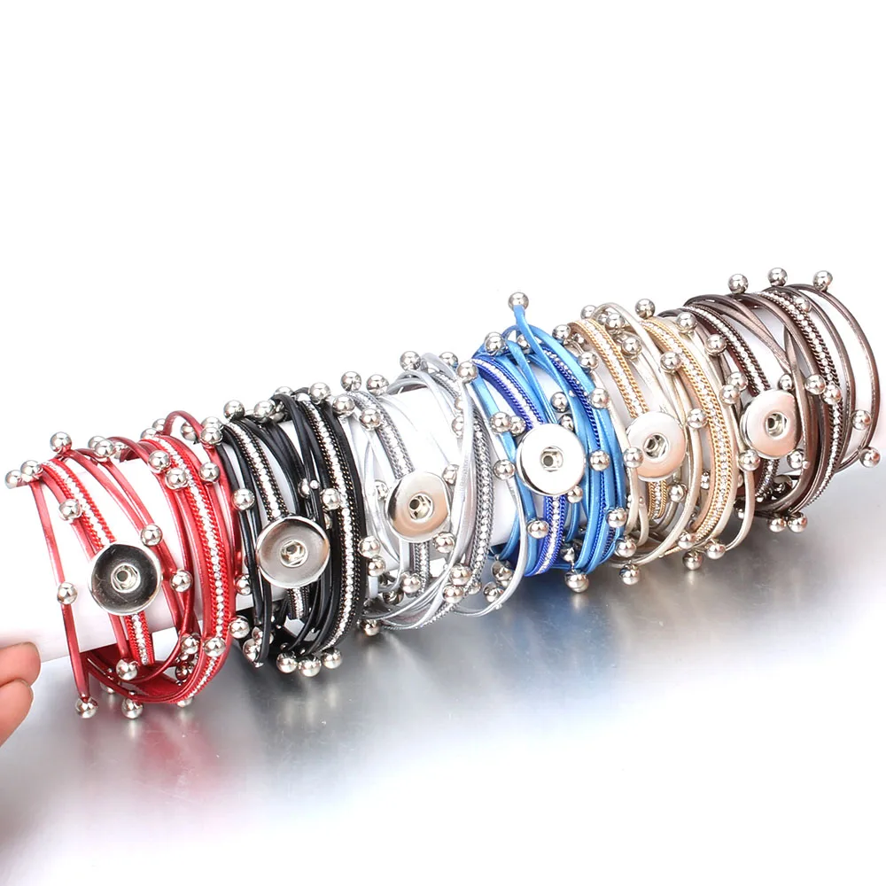 New Snaps Jewelry Vintage Crystal Leather 18mm Snap Button Bracelet Bangle Punk Multilayer Leather Bracelet Wrap Bracelets