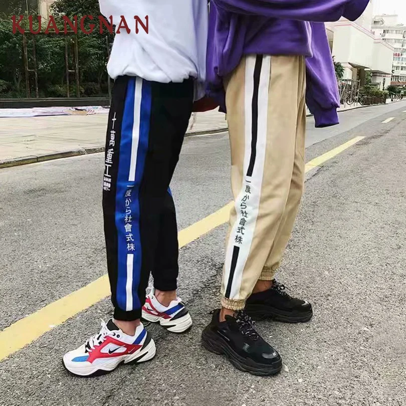 KUANGNAN/полосатая Японская уличная одежда штаны для мужчин Jogger хип хоп шаровары
