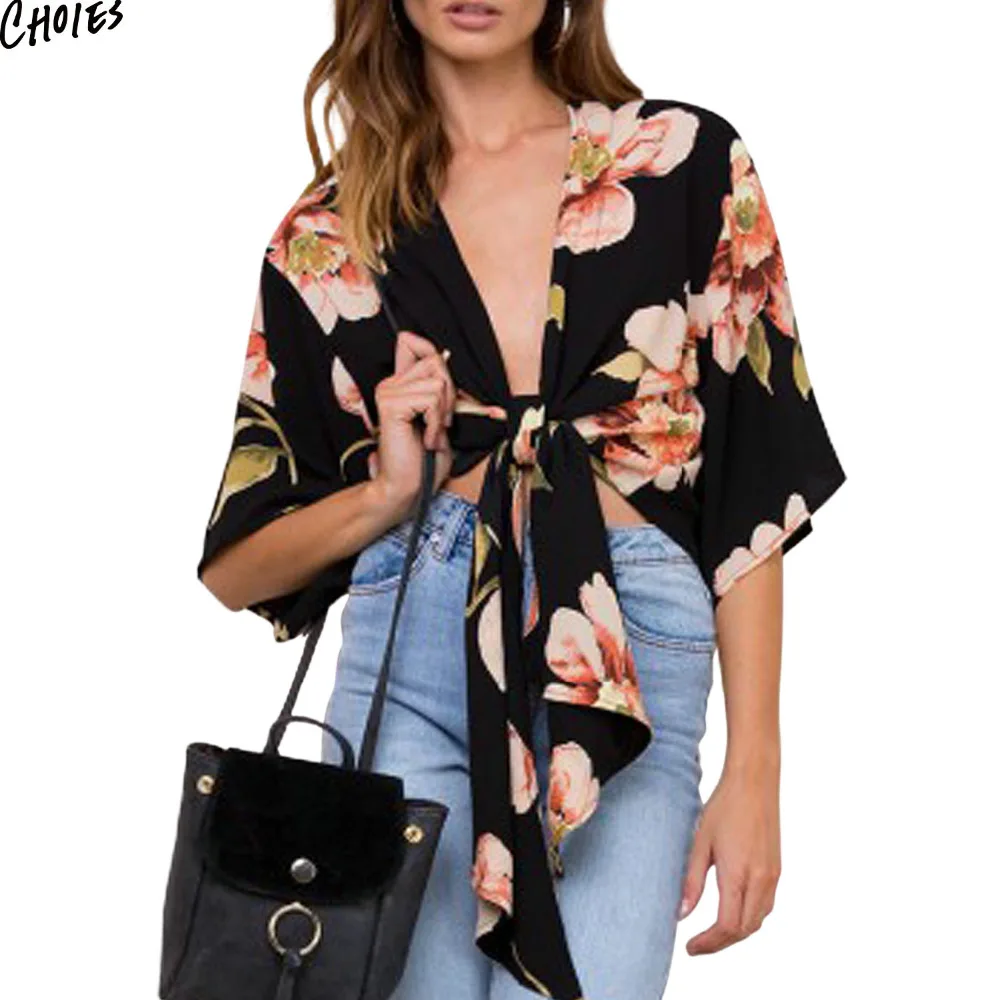 Женские блузки 2017 черная с глубоким вырезом цветочным принтом и бантом спереди