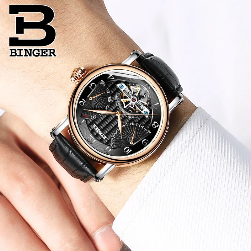 Модные часы Tourbillon для мужчин лучший бренд Binger механические часы для мужчин сапфировый Календарь Неделя светящиеся Genuive кожаный ремешок часы
