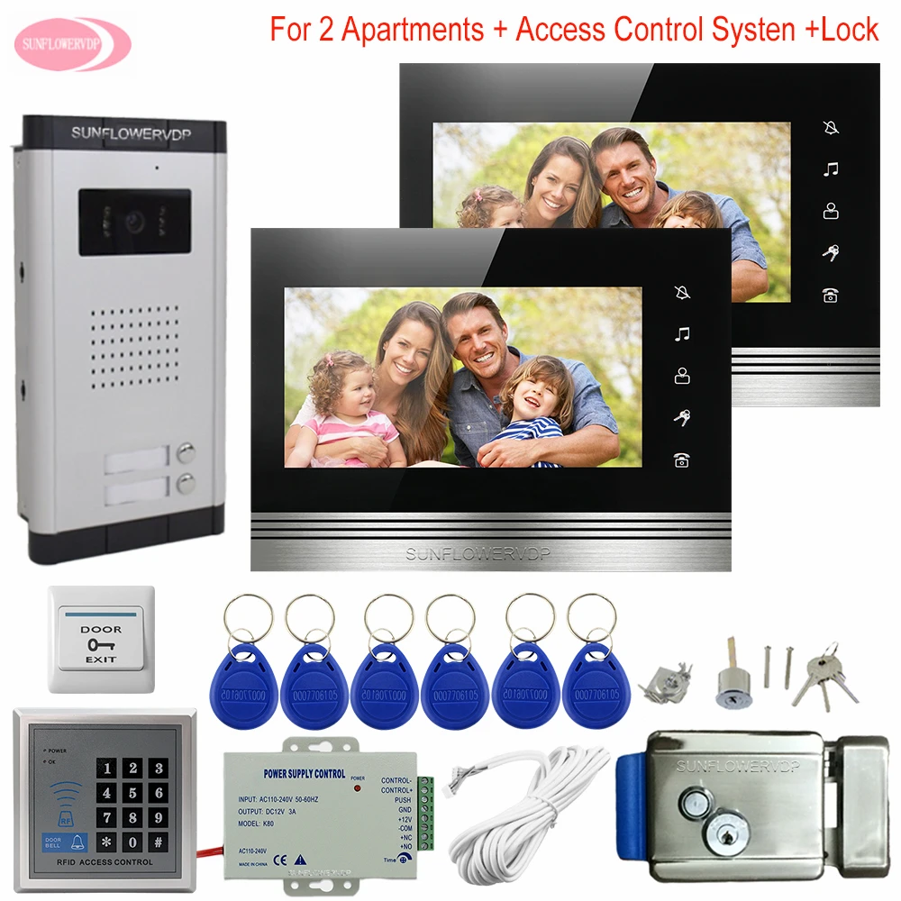 

For 2 Apartments Touch Keys 7" Indoor Monitors Outdoor Waterproof Doorbell Access Control Video Intercom + Electronic Door Lock