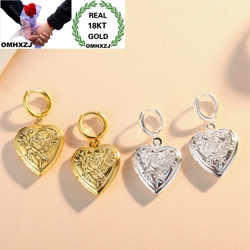 

OMHXZJ Wholesale European Fashion Woman Party Birthday Gift Heart Photo Box 18KT Gold 925 Sterling Silver Drop Earrings YE524