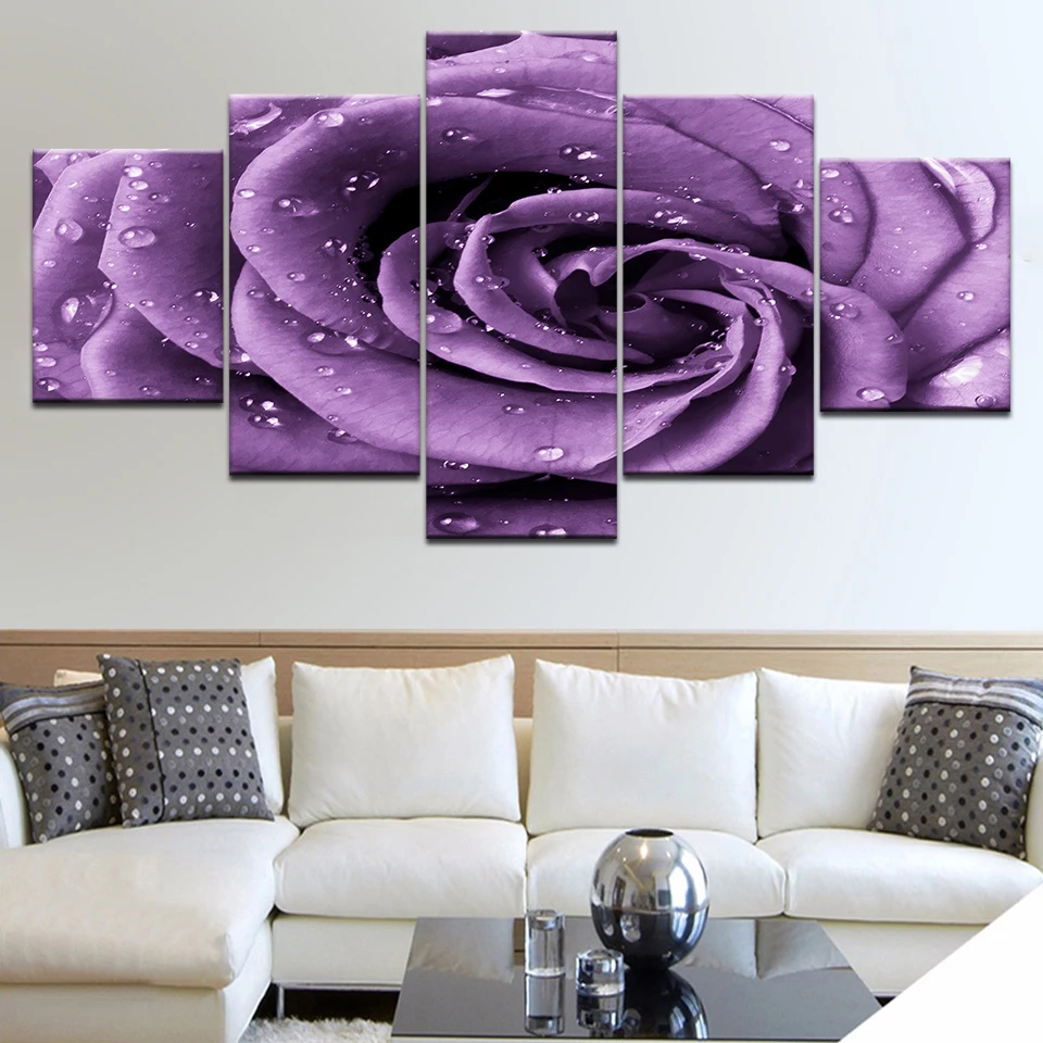 5 панелей HD Печать росы на фиолетовых розах настенные плакаты печать холсте