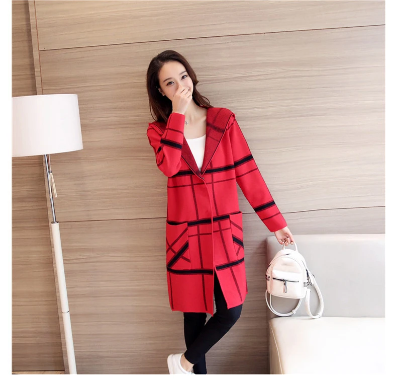2020 New Autumn Winter Hooded Plaid Women Sweater Coat Long sleeve Medium long Knitted S-XL SES480 |
