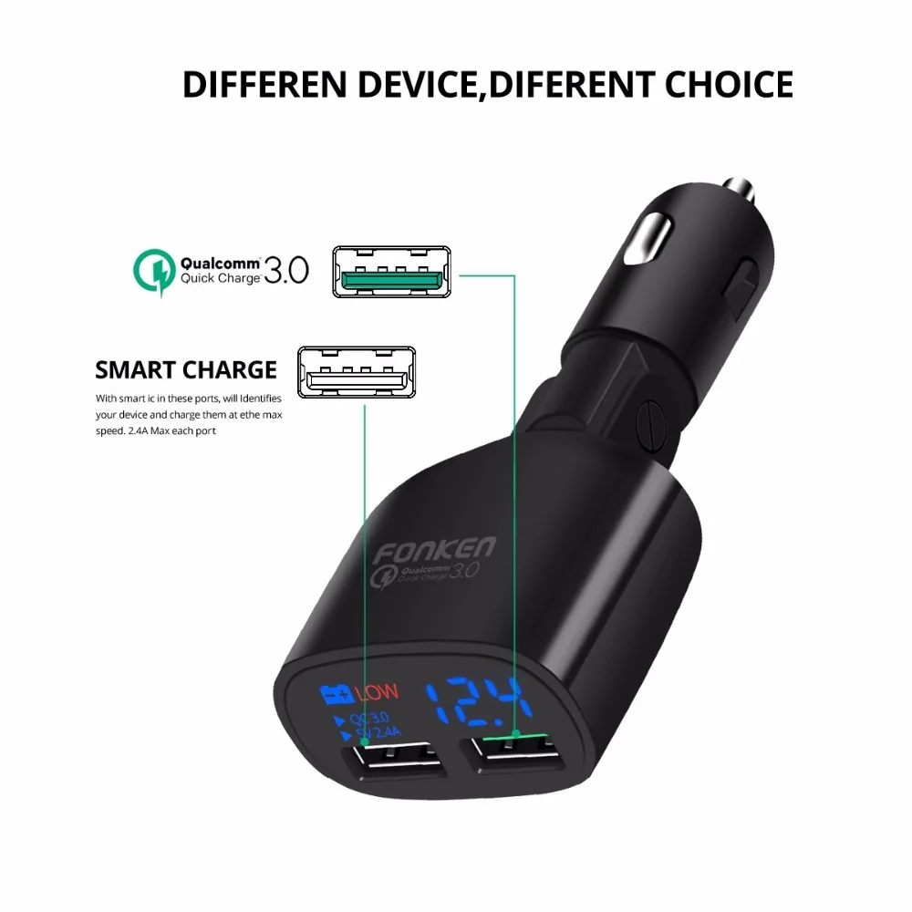 Автомобильное зарядное устройство FONKEN с двумя USB быстрая зарядка 3 0
