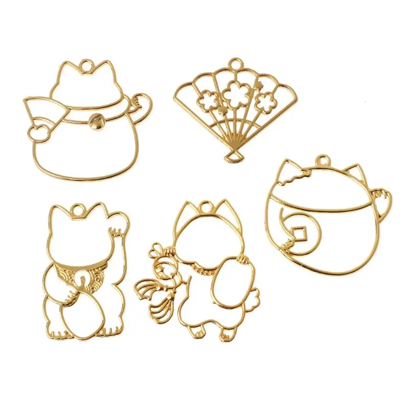 

5Pcs Fortune Cat Metal Frame Pendant Open Bezel Blank Setting UV Resin Jewelry