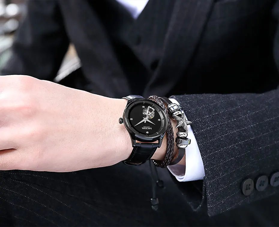 MEGIR Мужские часы механические Tourbillon Роскошные модные брендовые кожаные мужские спортивные часы мужские автоматические часы Relogio Masculino