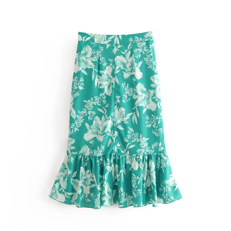 Модные женские льняные зеленые юбки с цветочным принтом лето 2019 винтажная