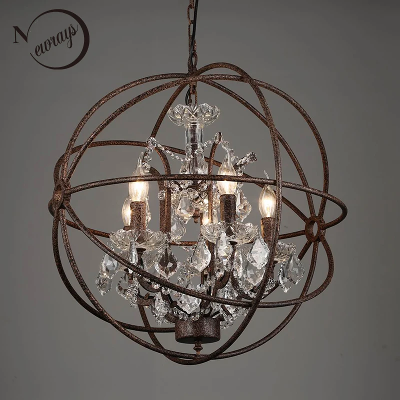 

Retro vintage rust iron cage chandeliers E14 big style crystal chandelier lustre LED lamp Lighting for living room bedroom bar