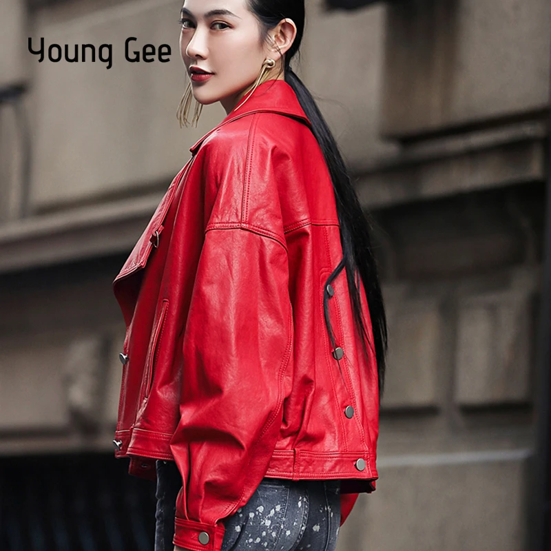 

Young Gee Spring Autumn PU Leather Jacket Faux Leather New Design Coat Slim Black Red Buttons Motorcycle Jackets chaqueta mujer