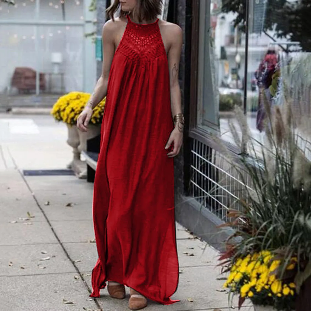 Женское красное платье в стиле бохо летнее твердый подвесной вырез элегантное
