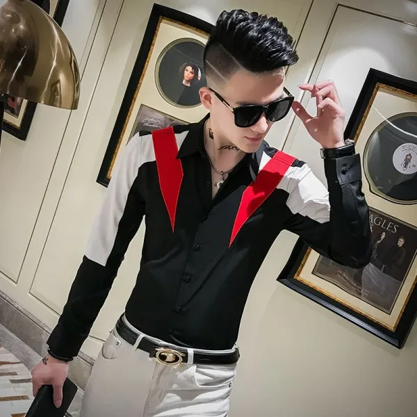 Черный Высокое качество Chemise Homme новая брендовая рубашка-смокинг с длинным рукавом Лоскутная цветная уличная рубашка мужская приталенная Повседневная рубашка рубашки - Цвет: Черный