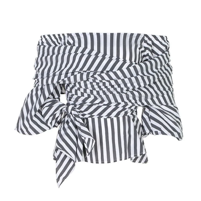 gray TWOTWINSTYLE полосатая Повседневная Женская блузка с вырезом лодочкой и рукавом средней длины, облегающая женская рубашка, Женская мода, летняя одежда, новинка - Цвет: gray