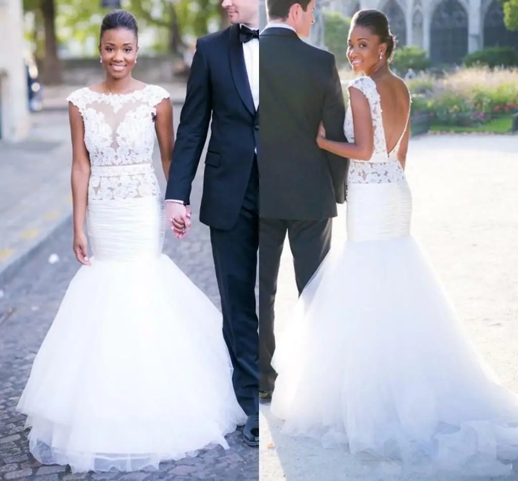 

Mermaid Applique Lace Backless Wedding Dress Cap Sleeves Tulle Bridal Gown Size 2021
