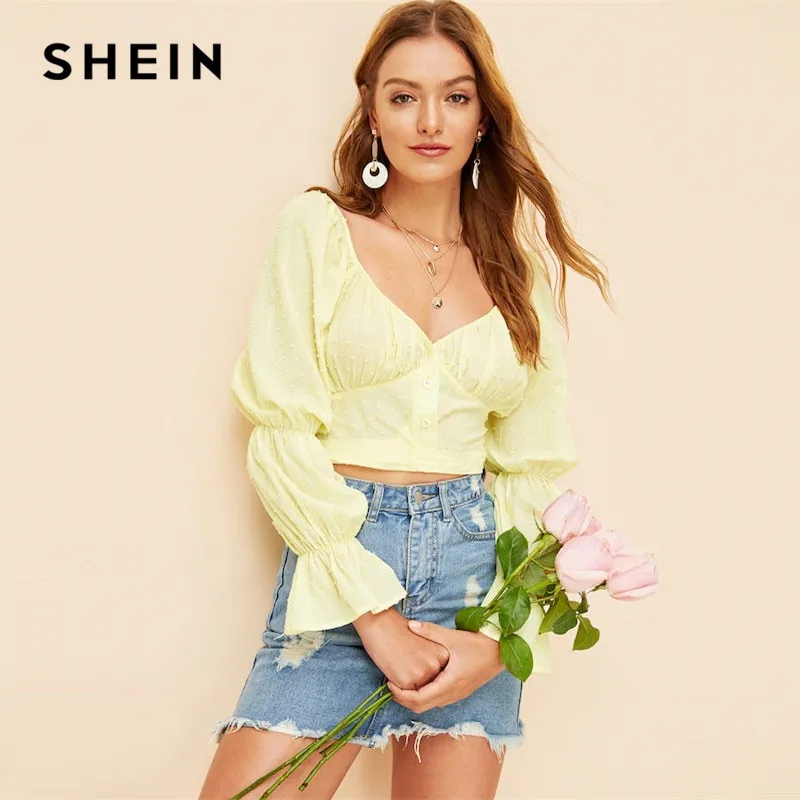 SHEIN Укороченный Топ С Открытой Спиной И Глубоким Вырезом, Блузка С Оригинальными Рукавами