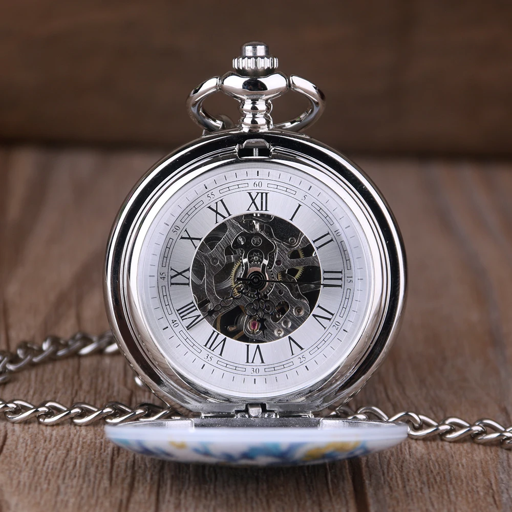 Antique Chinese Retro Porcelain Flower Ceramic Mechanical Pocket Watch Roman Number Men Women Pendant Chain Gift | Наручные часы